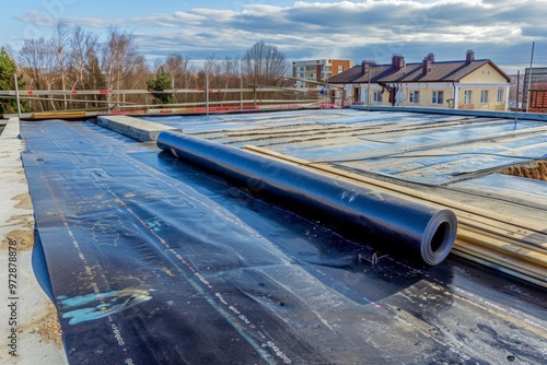 Laying and installation of roofing rolled roofing waterproofing of concrete slabs of stylobate photo