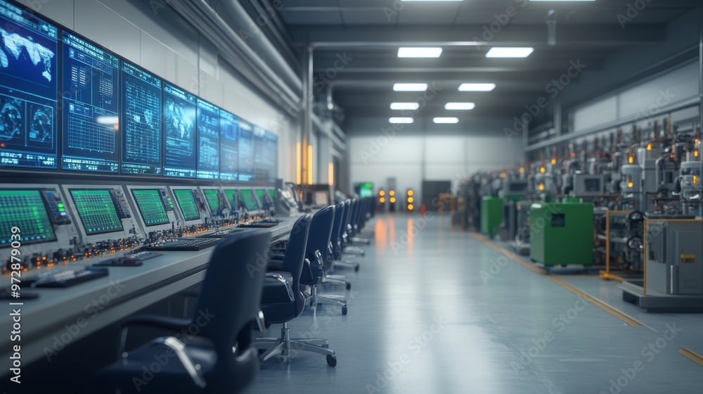 Modern Server Room with Rows of Monitors and Equipment. Modern Server Room with Rows of Monitors and Equipment.