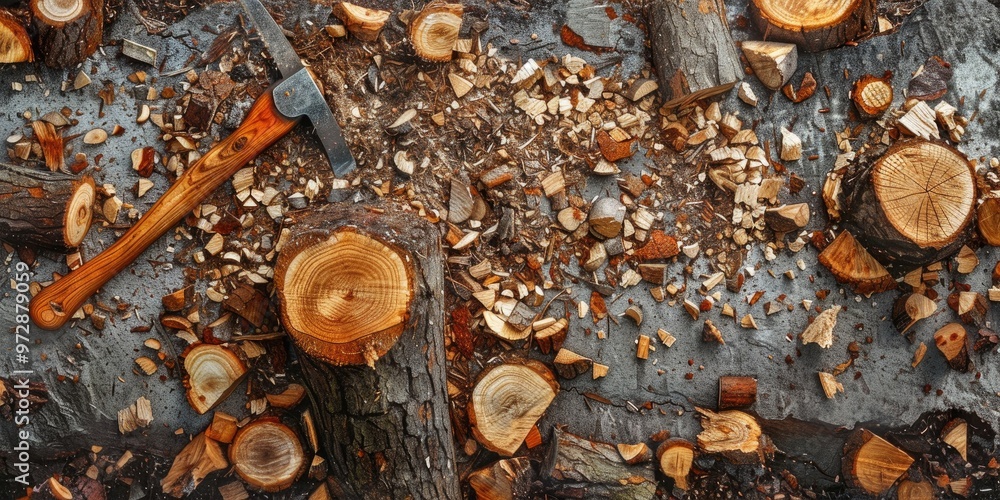 Axe cutting through an orange alder log surrounded by scattered wood debris, stumps, and chopped logs arranged vertically, with no individuals present. Axe cutting through an orange alder log surrounded by scattered wood debris, stumps, and chopped logs arranged vertically, with no individuals present.