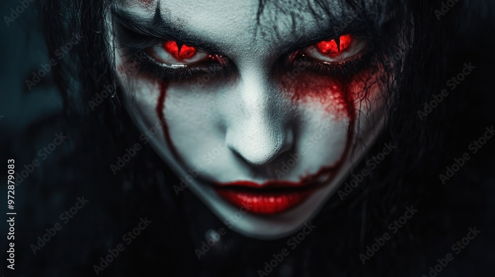 Close-up of a vampire with dramatic makeup, including pale skin and blood-red lips, staring intensely at the camera Close-up of a vampire with dramatic makeup, including pale skin and blood-red lips, staring intensely at the camera