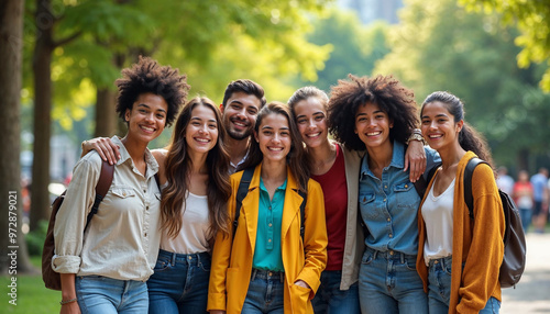 Vibrant portrait of international students in a park, showcasing diversity and camaraderie. photo