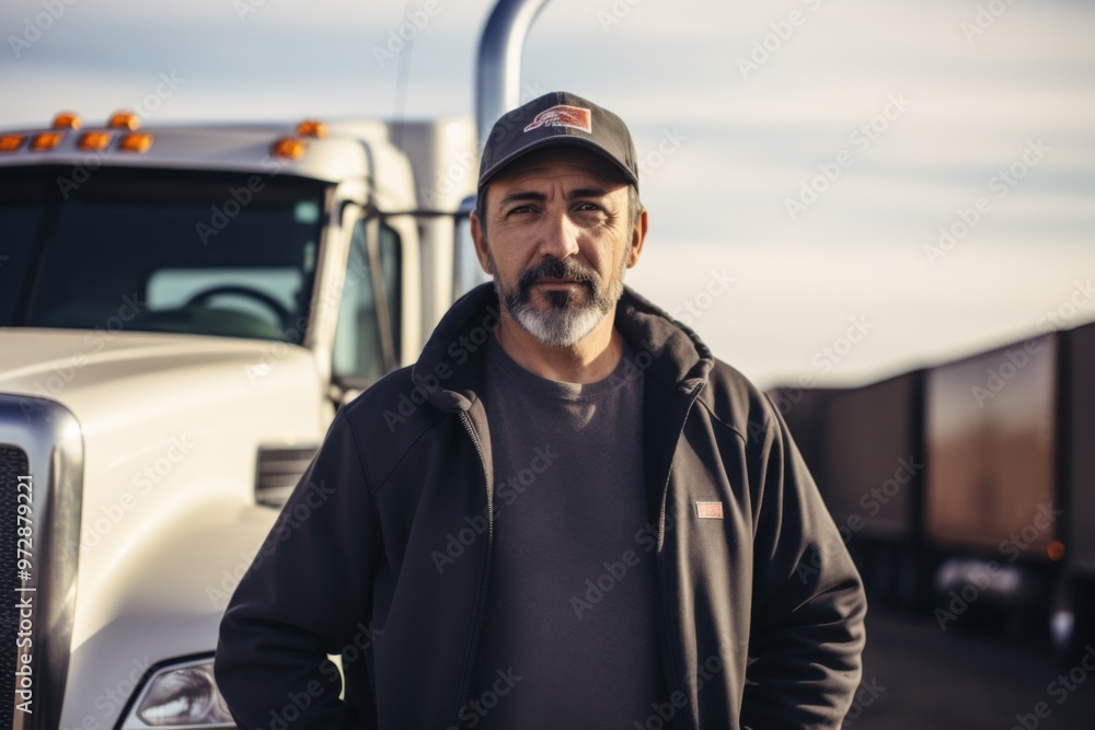 Portrait of a Hispanic middle aged body positive male truck driver Portrait of a Hispanic middle aged body positive male truck driver