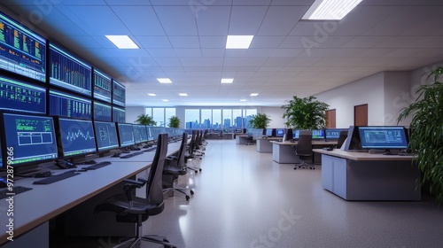 Modern Control Room with Multiple Screens and City Skyline View.