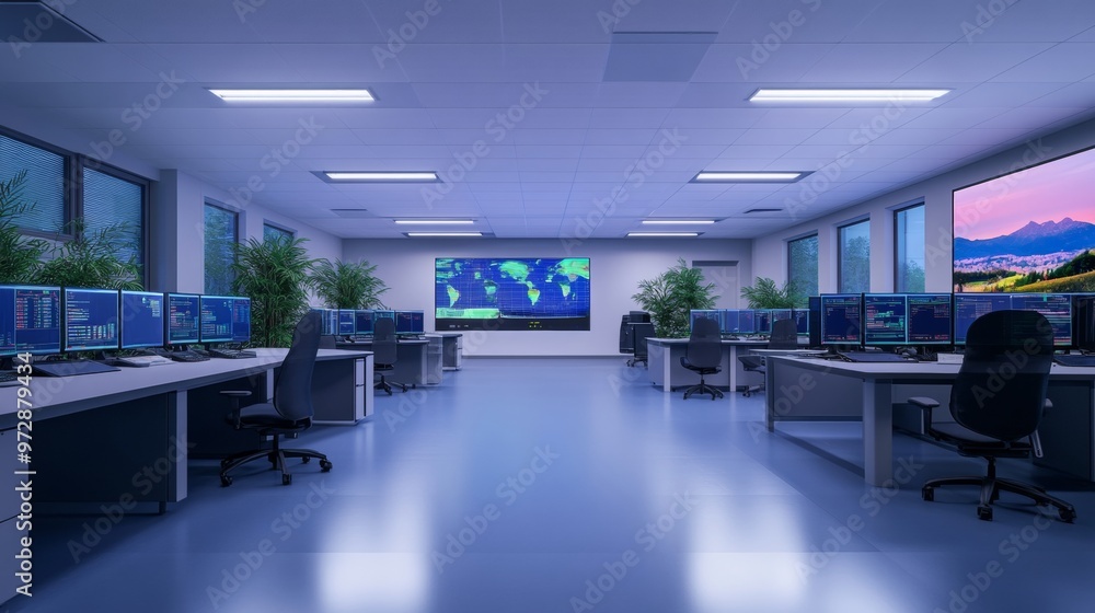 Modern office interior with computers and a world map on the wall. Modern office interior with computers and a world map on the wall.