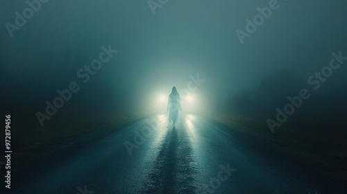 Ghostly figure in white floating across a foggy rural road, illuminated by the headlights of a distant car photo