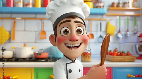 Happy Cartoon Chef Holding Wooden Spoon in Kitchen photo