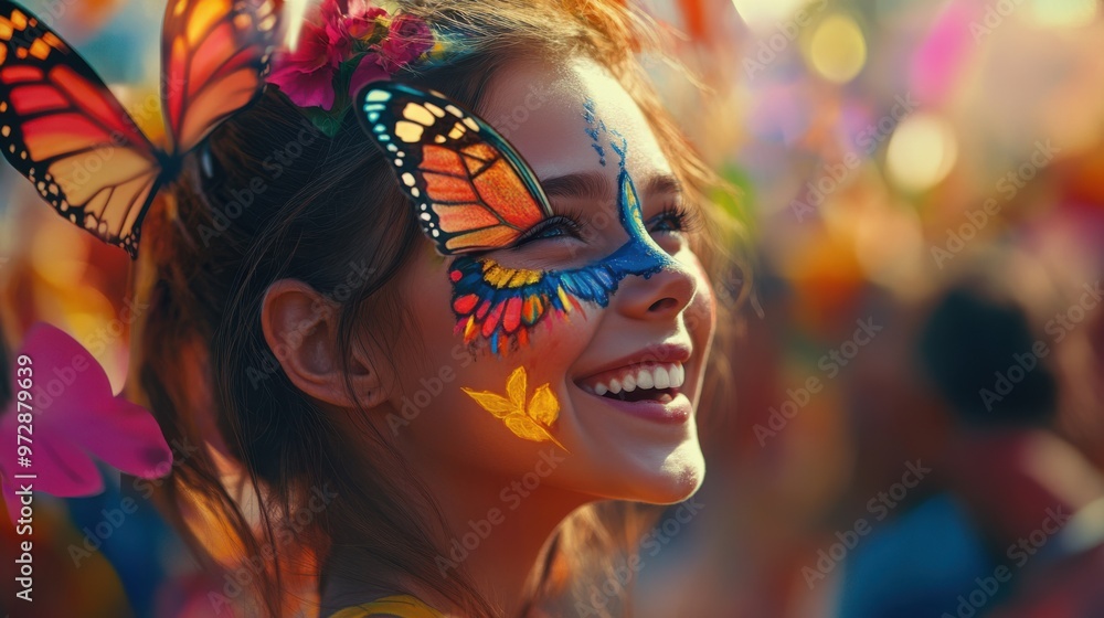Smiling girl with a butterfly face paint, surrounded by vibrant festival scenes and Smiling girl with a butterfly face paint, surrounded by vibrant festival scenes and