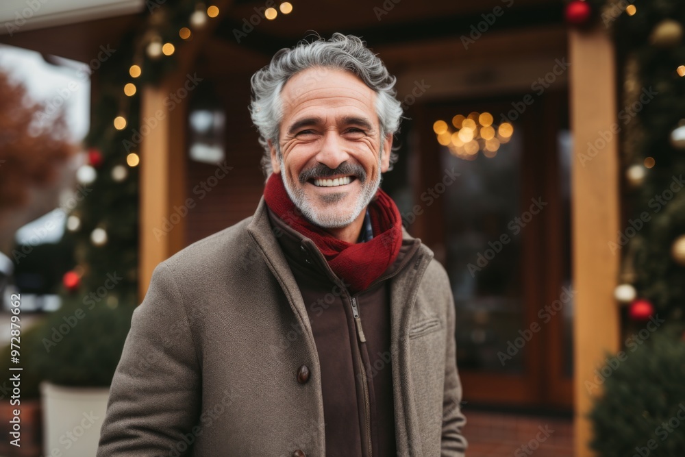 Portrait of a elderly senior man smiling in front of nursing home decorated for Christmas holidays Portrait of a elderly senior man smiling in front of nursing home decorated for Christmas holidays