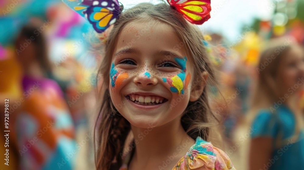 Smiling girl with a butterfly face paint, surrounded by vibrant festival scenes and Smiling girl with a butterfly face paint, surrounded by vibrant festival scenes and
