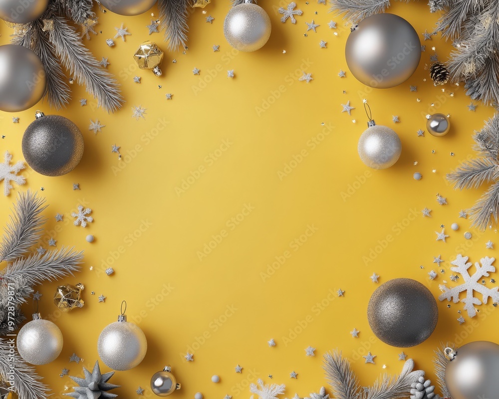 Fototapeta premium Christmas yellow background with Christmas balls and gray decorations