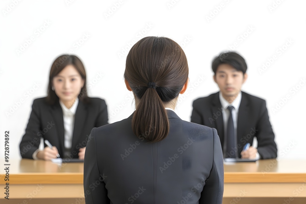 Japanese businesswoman in a job interview, full-body shot against a white background Japanese businesswoman in a job interview, full-body shot against a white background
