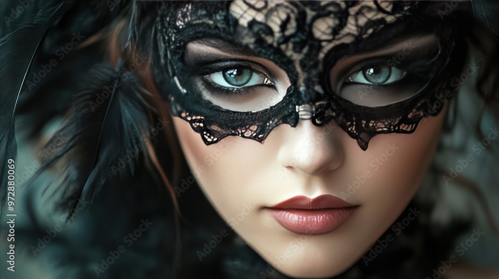 Woman wearing an elegant mask with black lace and feathers, her eyes mysterious and captivating Woman wearing an elegant mask with black lace and feathers, her eyes mysterious and captivating