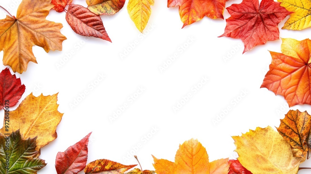 A frame of rich, vibrant autumn leaves surrounding a blank background, offering a warm seasonal visual with copy space A frame of rich, vibrant autumn leaves surrounding a blank background, offering a warm seasonal visual with copy space