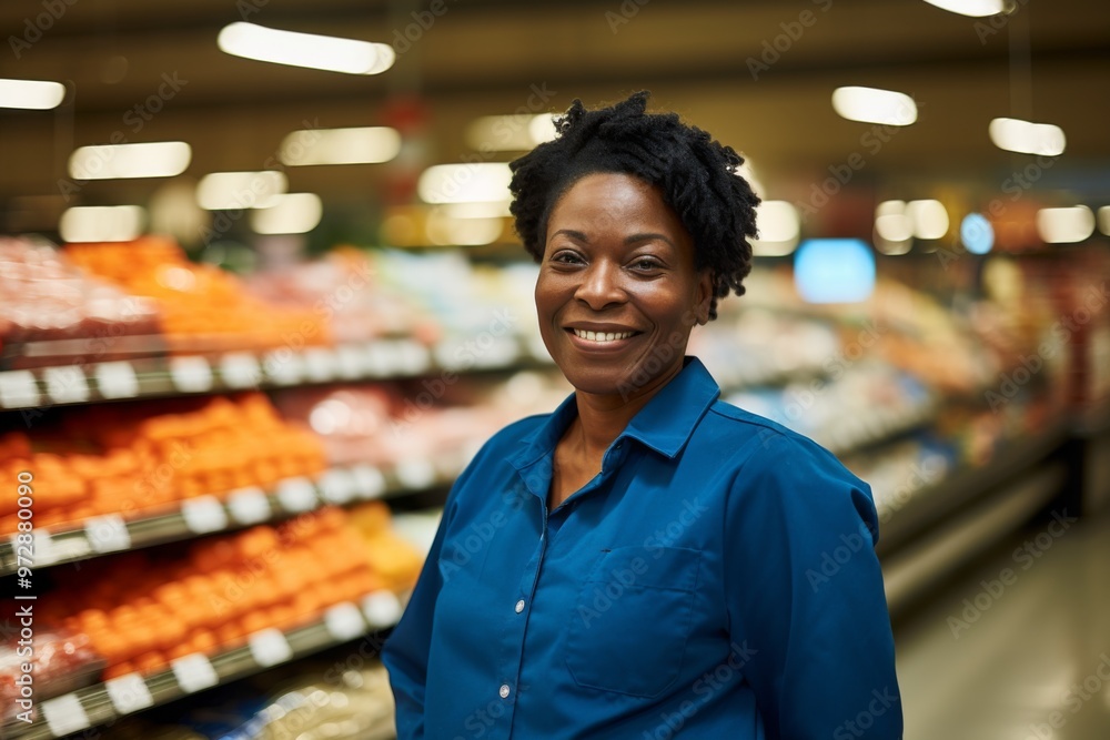 Fototapeta premium Portrait of a middle aged female worker in grocery store