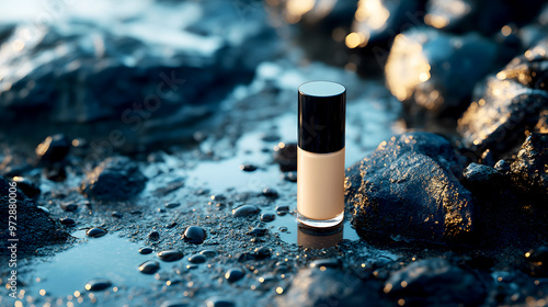 The foundation concealer bottle resting on a rough stone surface, with droplets of water adding a natural