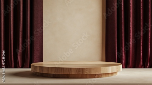 A minimalist wooden podium placed in a clean studio, with a beige backdrop and a luxurious burgundy curtain. The lighting emphasizes the simplicity and elegance of the modern, abstract design. photo