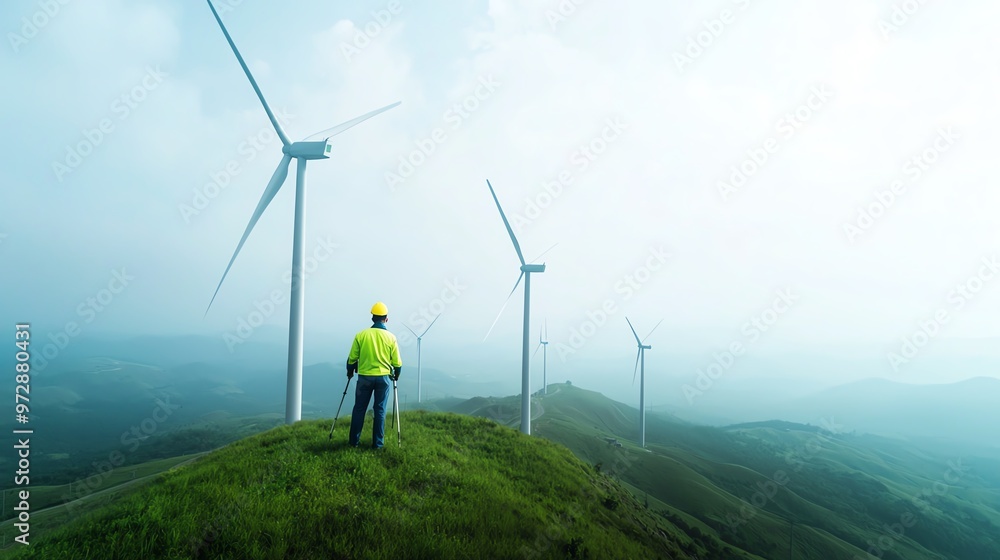 Fototapeta premium A lone worker surveys a wind farm atop a green hill, showcasing renewable energy and technology in harmony with nature.