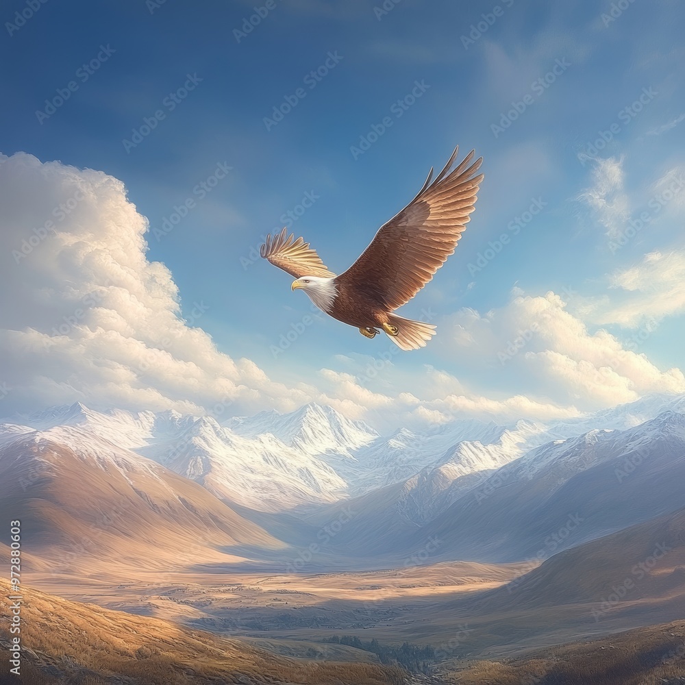 Fototapeta premium Eagle Soaring Over Snowy Mountains.