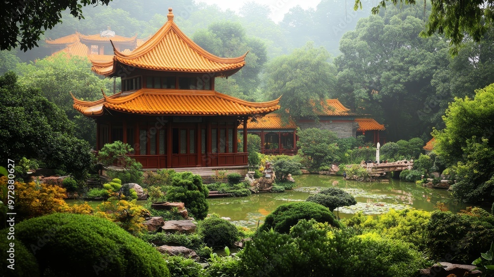 Serene Temple Garden at Vegetarian Festival in East Asia with Meditative Ambiance Serene Temple Garden at Vegetarian Festival in East Asia with Meditative Ambiance