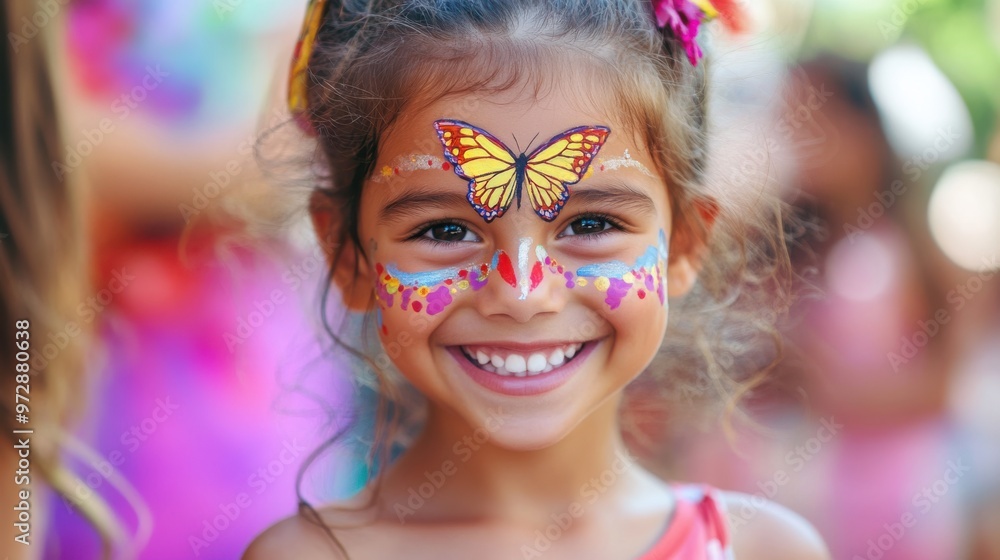 Smiling young girl with butterfly face paint, amidst the energy and excitement of a festival Smiling young girl with butterfly face paint, amidst the energy and excitement of a festival