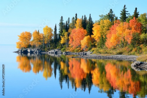 Autumn coloured trees along the shore and reflected in the water of lake superior in the terrace bay area of ontario- ontario, canada , ai