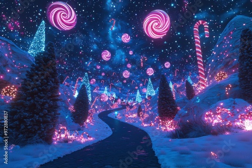 Magical winter wonderland with glowing candy canes, swirling lollipops, and sparkling trees under a starry night sky