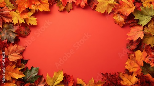 A frame of vibrant fall leaves surrounding a solid color background, creating a seasonal scene with ample copy space