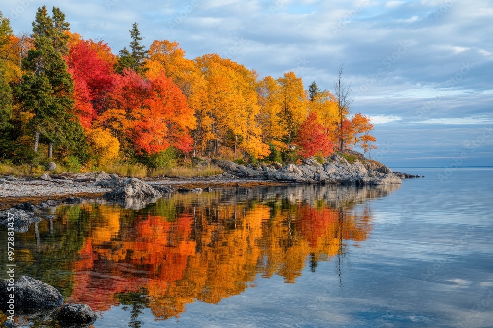 Obraz premium Autumn coloured trees along the shore and reflected in the water of lake superior in the terrace bay area of ontario- ontario, canada , ai
