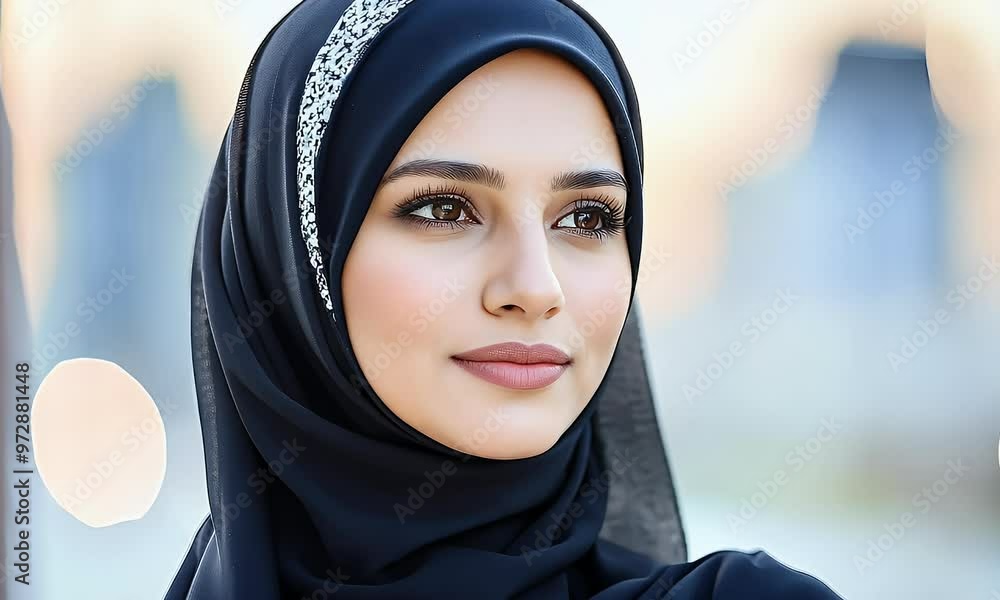 Beautiful Woman in Black and White Headscarf: A Portrait of Beauty and Grace Beautiful Woman in Black and White Headscarf: A Portrait of Beauty and Grace