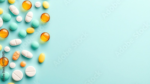 A vibrant layout of assorted pills and capsules on a soft blue background, ideal for health and wellness topics.