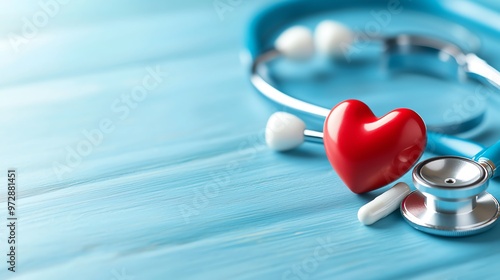 A vibrant red heart symbol next to a blue stethoscope on a wooden surface, representing health and care.
