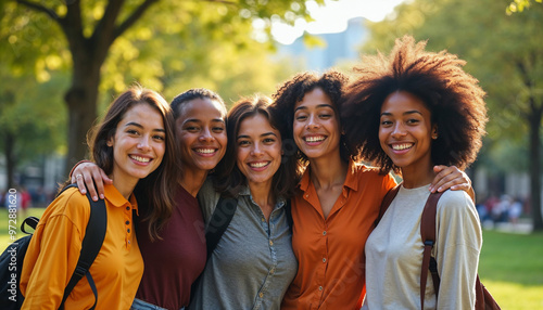 Vibrant portrait of international students in a park, showcasing diversity and camaraderie.