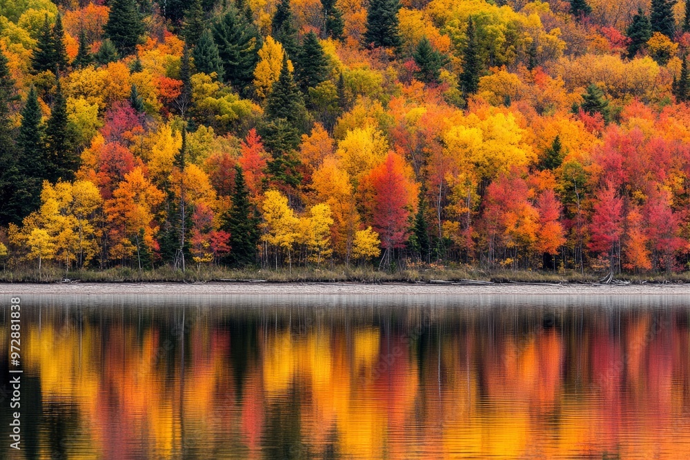 Obraz premium Autumn coloured trees along the shore and reflected in the water of lake superior in the terrace bay area of ontario- ontario, canada , ai