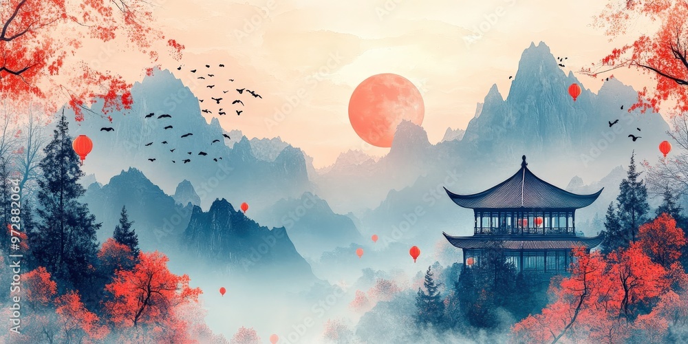 Obraz premium Rabbit Festival with Lanterns and Mooncakes by the Mountains