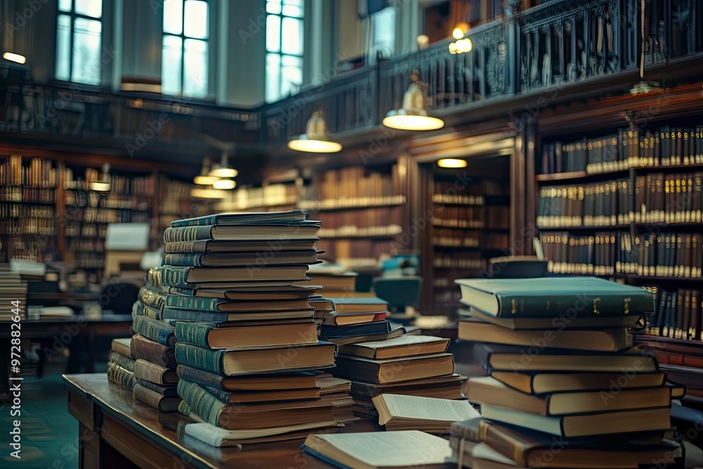 Fototapeta premium Book stack on the desk in public library , ai
