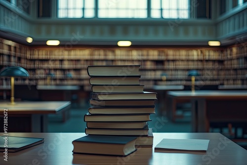 Book stack on the desk in public library , ai photo