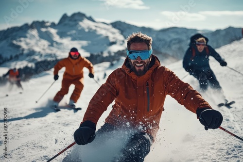 A group of skiers, wearing bright ski wear, glide energetically down a snowy mountain, embodying thrill and speed against a scenic winter backdrop. photo