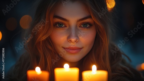 A serene portrait of a woman illuminated by candlelight.