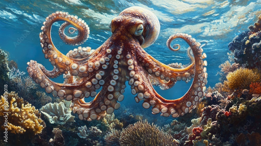 A graceful octopus floating near the ocean floor, its tentacles curling delicately as it hovers over a beautiful coral reef A graceful octopus floating near the ocean floor, its tentacles curling delicately as it hovers over a beautiful coral reef