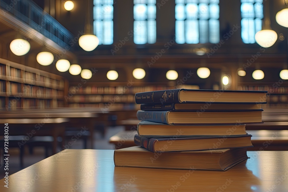 Book stack on the desk in public library , ai Book stack on the desk in public library , ai