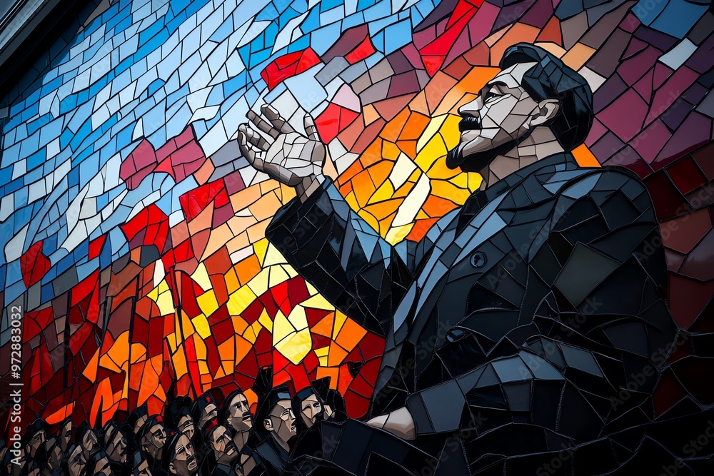 Obraz premium A colorful mosaic of Lenin addressing a crowd, with red flags waving in the background, capturing the revolutionary spirit