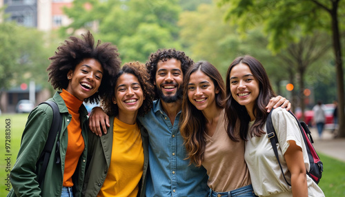 Vibrant portrait of international students in a park, showcasing diversity and camaraderie. photo