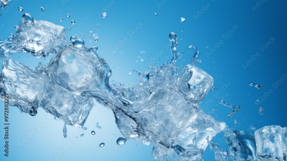 Ice cubes falling into water on blue background. Neural network ai generated art Ice cubes falling into water on blue background. Neural network ai generated art