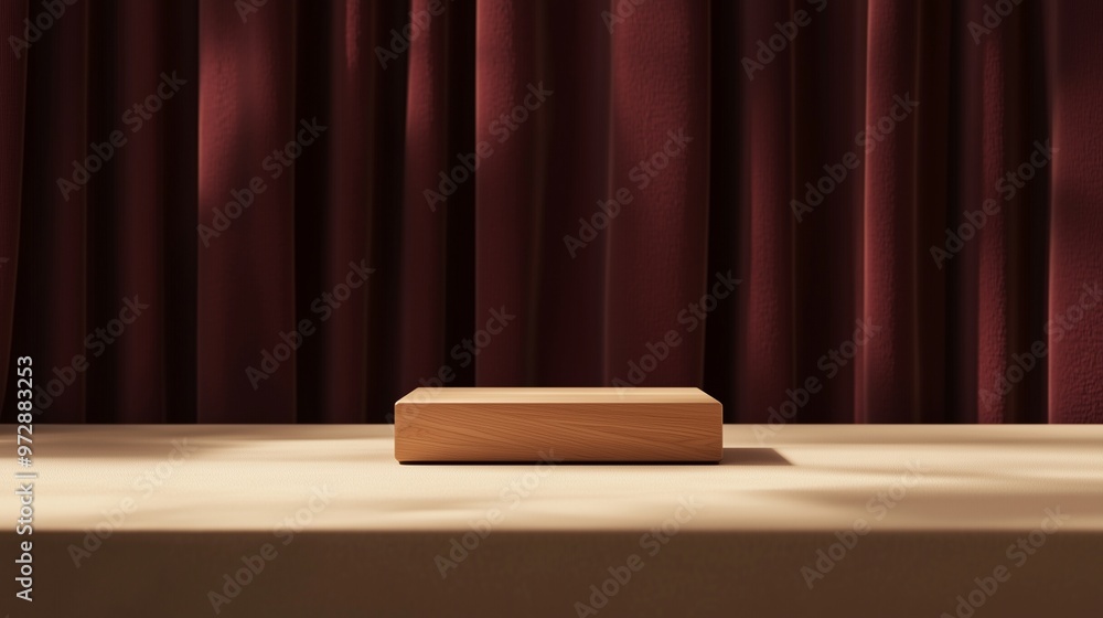 A modern wooden stand placed on a smooth beige surface, framed by a rich burgundy curtain. The minimalist, abstract design feels refined and luxurious, with a subtle art deco influence. A modern wooden stand placed on a smooth beige surface, framed by a rich burgundy curtain. The minimalist, abstract design feels refined and luxurious, with a subtle art deco influence.