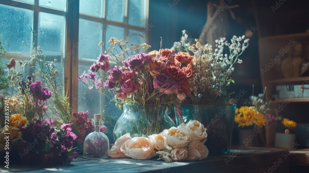 Fototapeta premium A scene showcasing flower preservation techniques, with flowers being dried, pressed, or placed in resin, demonstrating various methods of keeping their beauty intact