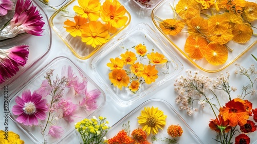 A scene showcasing flower preservation techniques, with flowers being dried, pressed, or placed in resin, demonstrating various methods of keeping their beauty intact