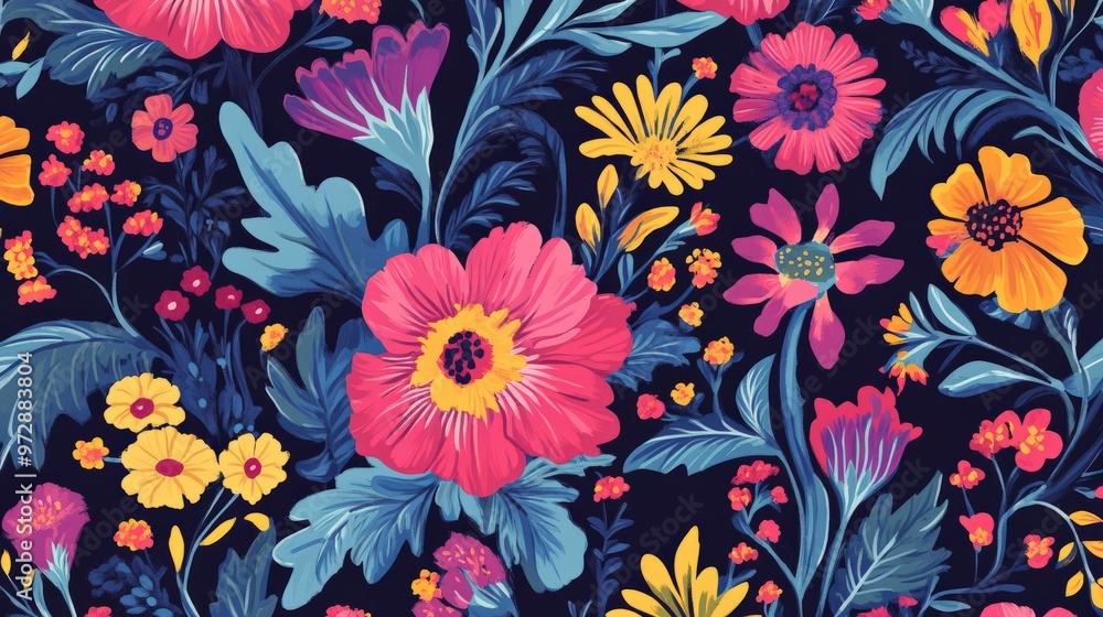 A flower-inspired pattern, with stylized floral motifs repeating in vibrant colors, creating a seamless design for fabrics or decor A flower-inspired pattern, with stylized floral motifs repeating in vibrant colors, creating a seamless design for fabrics or decor