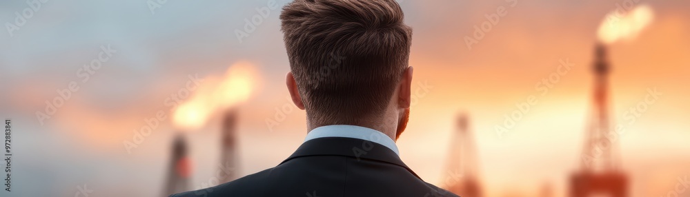 A businessman in a suit stands facing oil rigs with flares burning at sunset A businessman in a suit stands facing oil rigs with flares burning at sunset