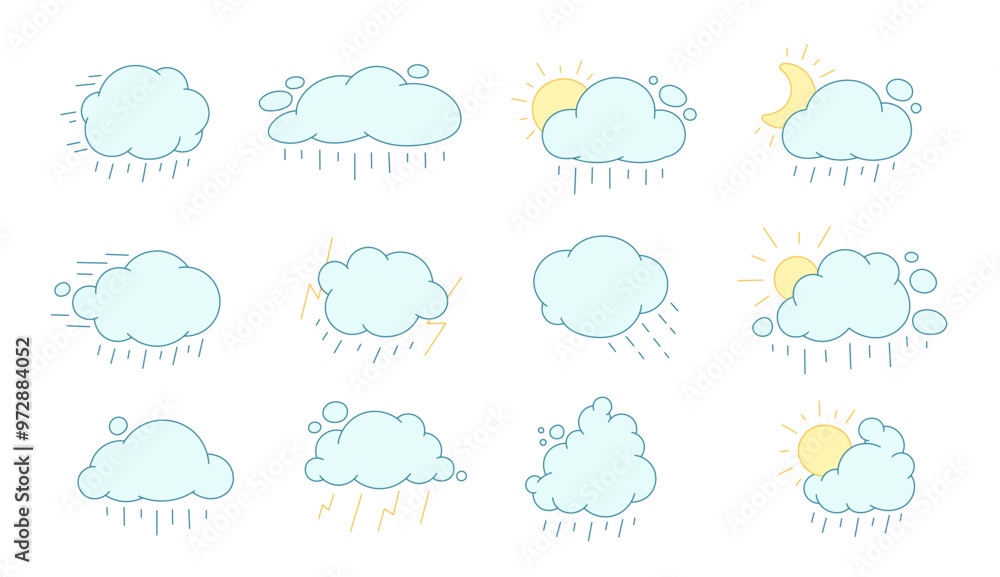 Bad weather rain clouds illustration. Set of meteorology icons. Vector illustration. Bad weather rain clouds illustration. Set of meteorology icons. Vector illustration.
