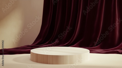 A polished wooden pedestal displayed in a beige room with a velvety burgundy curtain flowing behind it. The minimal, clean scene is enhanced by soft lighting, giving it a modern, abstract feel. photo